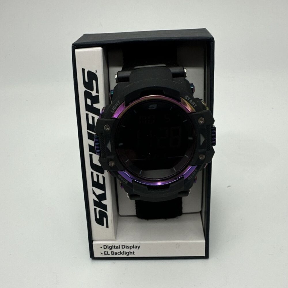 Skechers SR1118W Digital Wristwatch Black Textile Band EL Backlight Purple Bezel